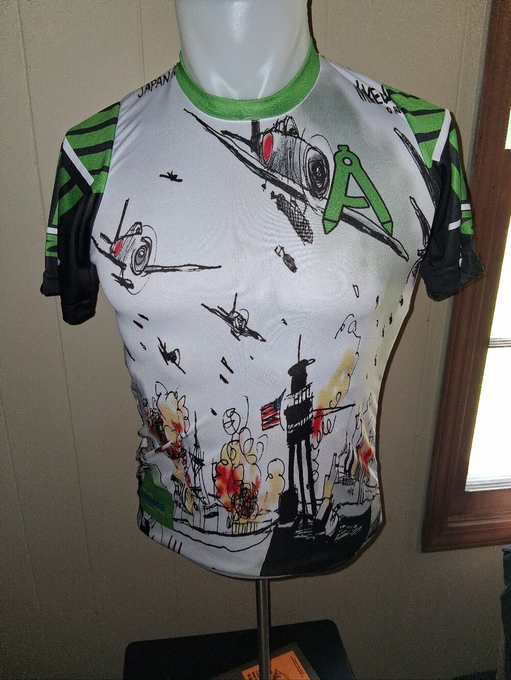 Kids Short Sleeve Graphic Tee in White & Green - Airplane Design